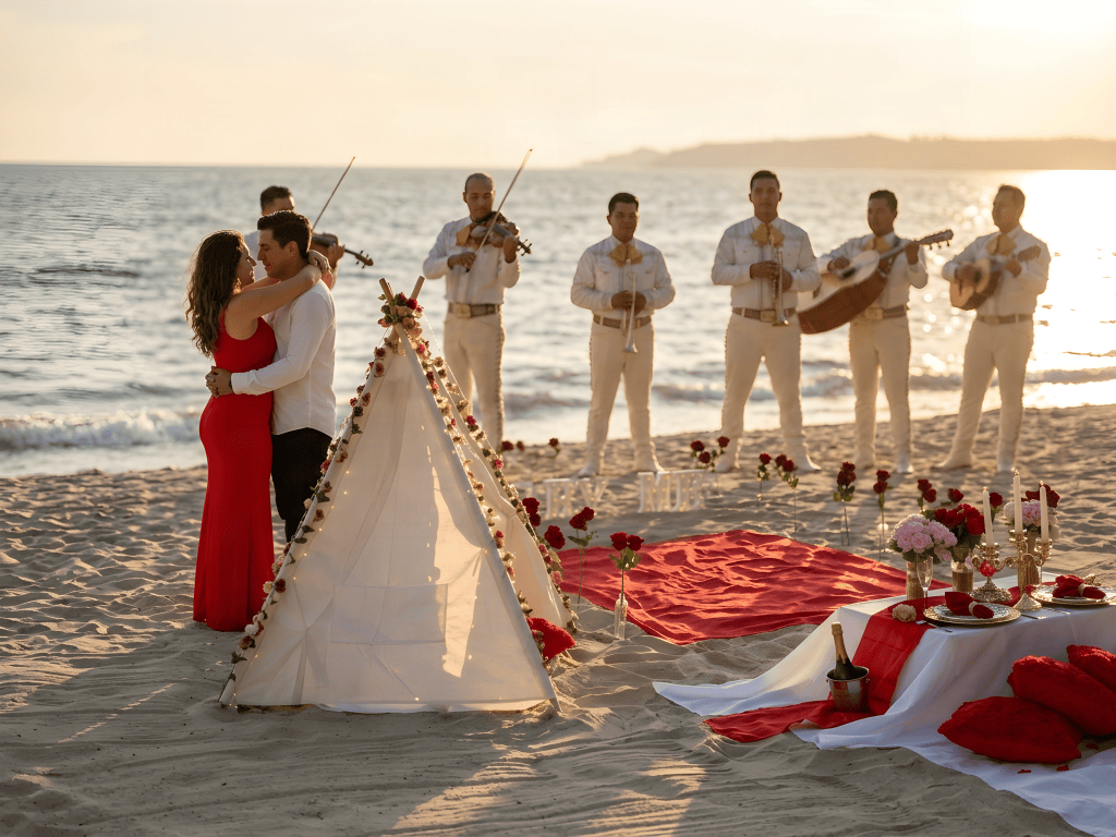 Pedida de matrimonio con picnic y mariachis en la playa