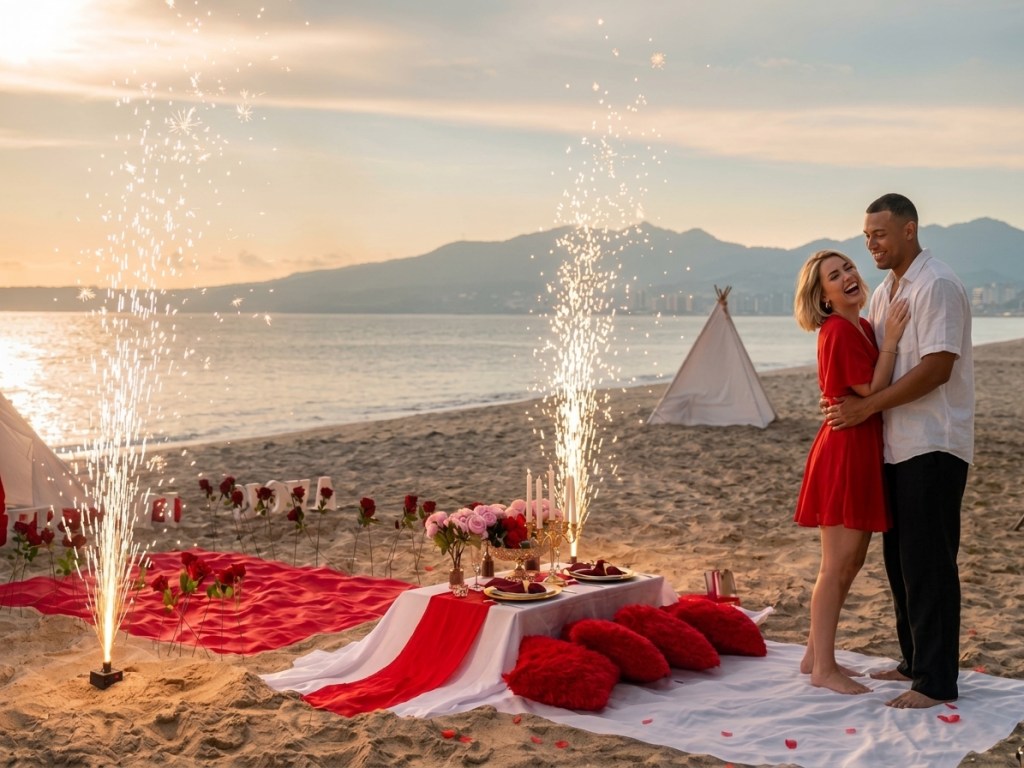 Picnic de pedida de novios con pirotecnia en la playa
