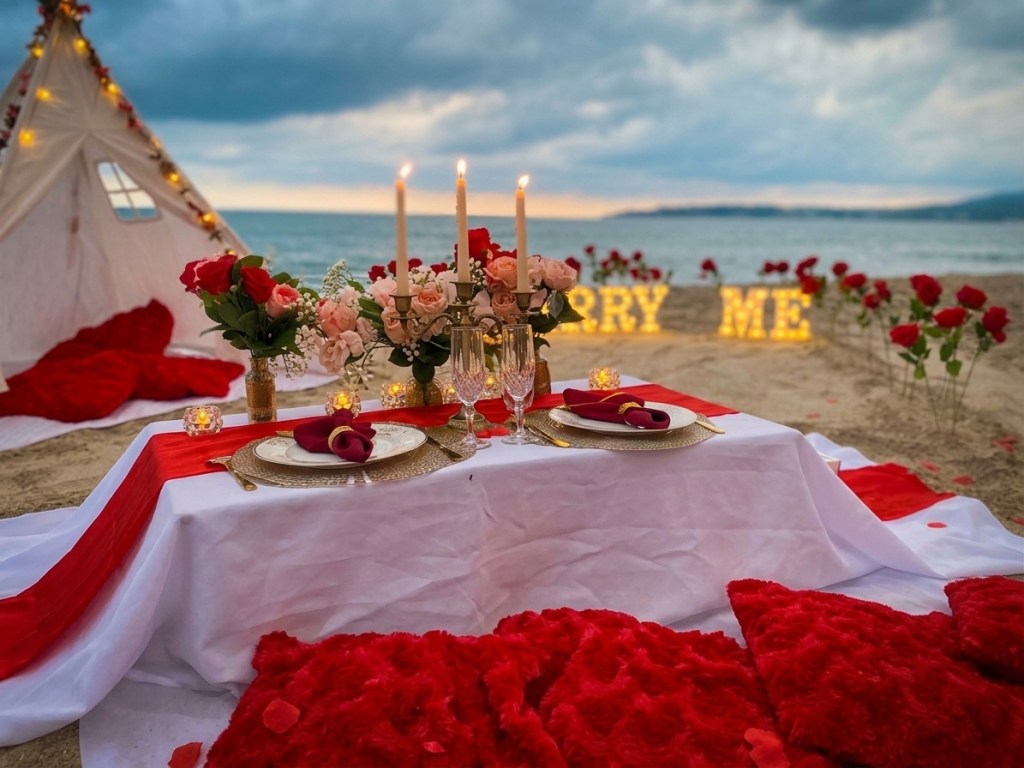 Picnic romantico en la playa con letras led