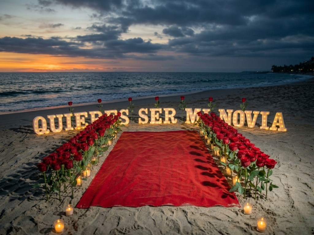 Alfombra roja con letras led de pedida de novios y rosas rojas en la playa 